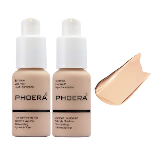 2 Pack PHOERA Foundation,Durable Waterproof Matte Foundation, Oil Control Concealer Cream, 102 Nude-30ml