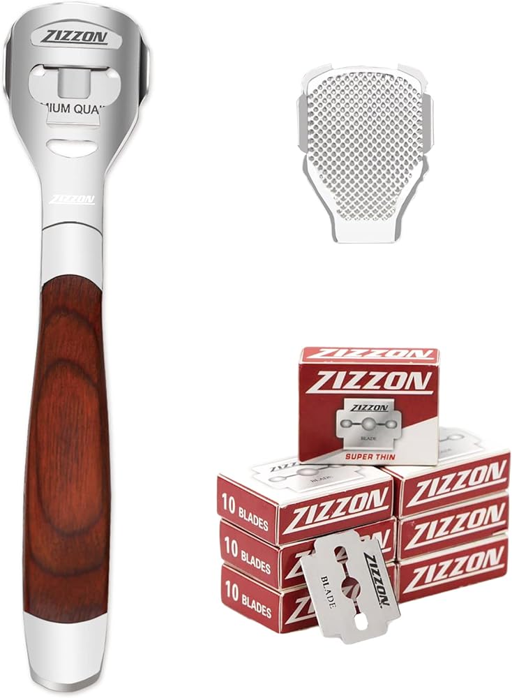 ZIZZON Foot Care Pedicure Callus Shaver Hard Skin Remover Wood Handle 70 Blades
