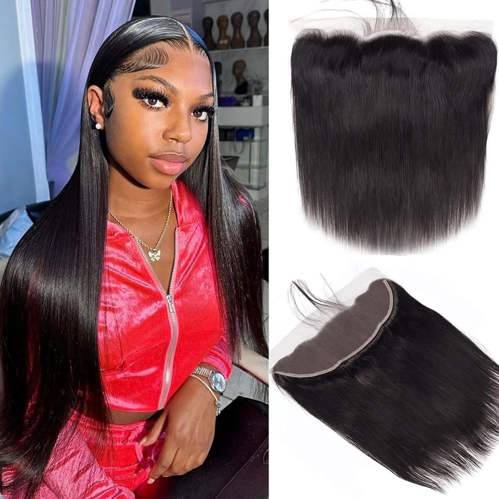 13x4 Lace Frontal Closure Straight Human Hair Ear to Ear HD Lace Frontal Closure Free Part Brazilian Straight Hair Extensions 150% Density Lace Frontal Human Hair Pre Plucked with Baby Hair 10 Inch